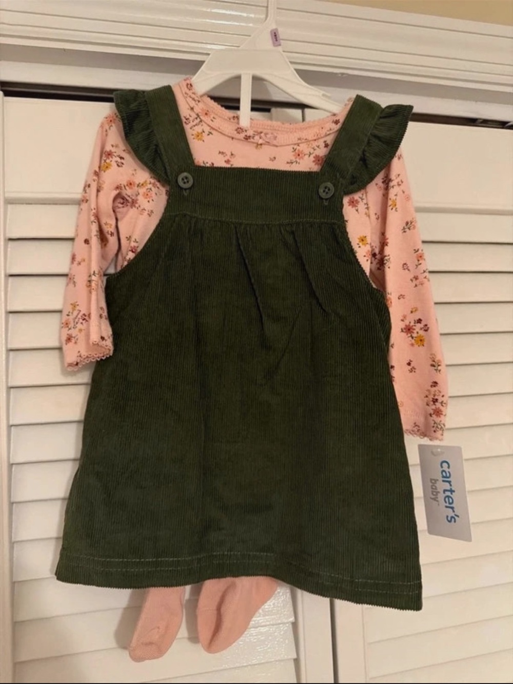Carter's Olive Green Corduroy Pinafore with Pink Floral Top